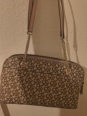 DKNY Beige and Brown Monogram Shoulder Bag with Gold Chain Straps